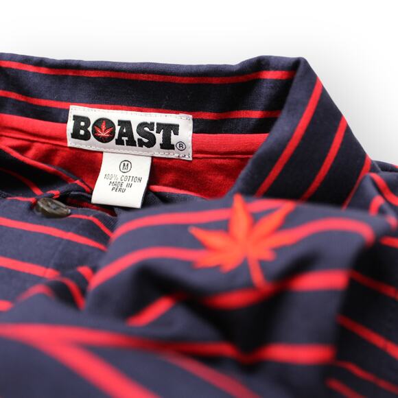 BOAST USA Men Medium Classic Jersey Striped Polo Shirt Navy Red Cotton Leaf Logo - Picture 10 of 14